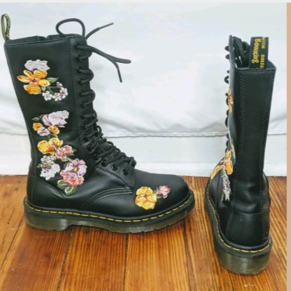 Dr. Martens Black Floral Embroidered Combat Boots - Picture 2 of 8